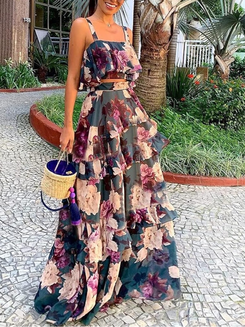 2 piece outfit floral ruffle camisole top / tiered cake Maxi skirt size M